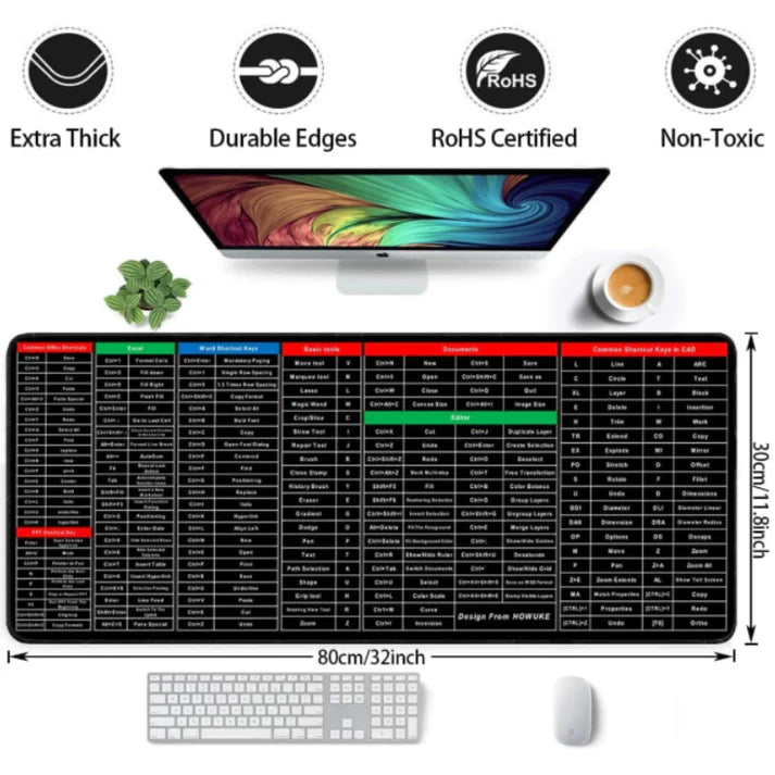 Keyboard Shortcut Key Mouse Pad – Excel & Office Software Shortcuts Extended Desk Mat (30 x 70 cm)